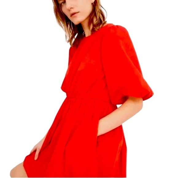 Madewell Poplin Cotton Crewneck Bubble Short Sleeve Mini A-line Dress Sz 6 Red - Picture 3 of 16